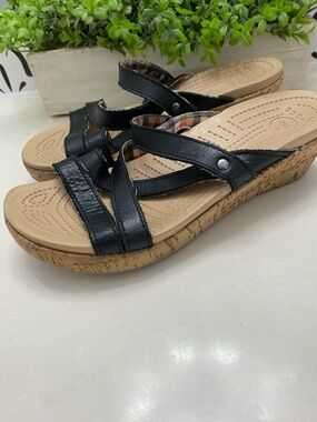 Crocs A-Leigh Black Leather Cork Plaid Lined Wedge Slide Sandals - Women’s 7